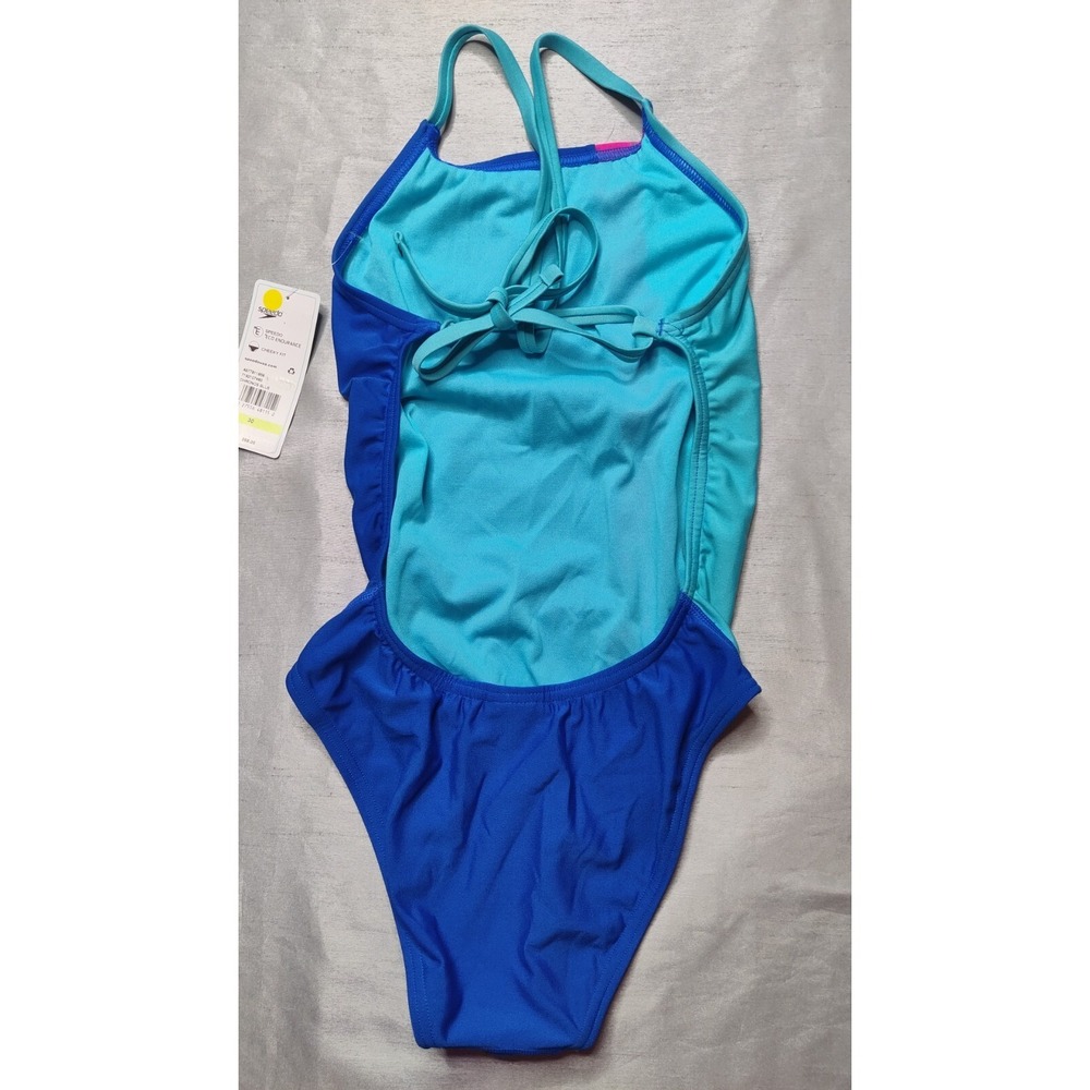 SPEEDO ENDURANCE Women 30 Chronos Blue One Piece Cheeky Tie Back Swimsuit NEW - Picture 2 of 13